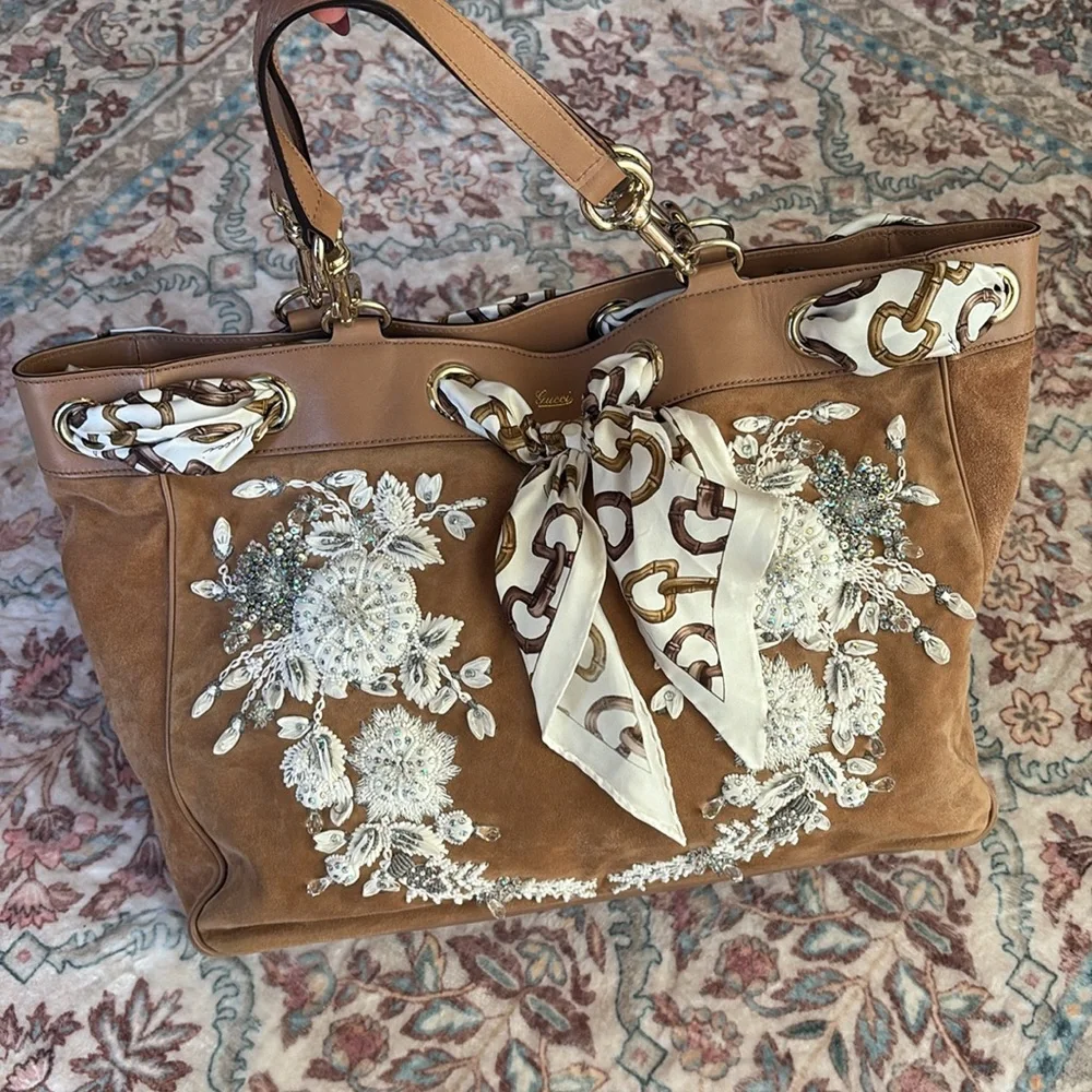 GUCCI POSITANO Leather Suede Tan Brown White Silver Gold Beaded Bag Rare Luxury - Picture 7 of 14